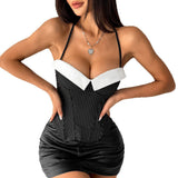 Womens Striped Patchwork Contrast Color BustierTube Top