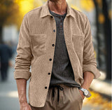 Mens Corduroy Long-Sleeve Casual Pocket Lapel Shirt Jacket
