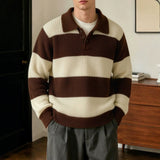 Mens Drop-shoulder Striped Lapel Loose-fit Sweater