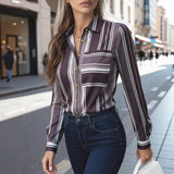 Elegant Sophisticated Striped Patchwork Print Blouse With Long Sleeves For Workwear