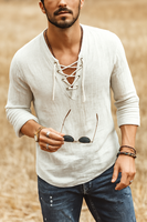 Men’s Lace-Up Linen Shirt – Casual Vintage Look, Short Sleeves
