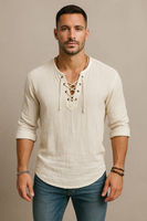 Men’s Lace-Up Linen Shirt – Casual Vintage Look, Short Sleeves