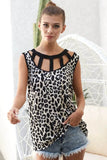 BiBi Leopard Printed Soft Rib Knit Front Sut Out Top