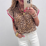 Womens Fashion Leopard-Print Ruffle-Trim Loose Chiffon Blouse