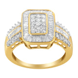10K Yellow Gold Round and Baguette-Cut Diamond Cluster Ring (1.0 Cttw, I-J Color, SI1-SI2 Clarity) - Size 7