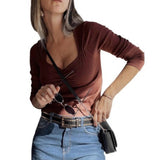 Womens Solid-color Slim-fit Long-sleeve Top