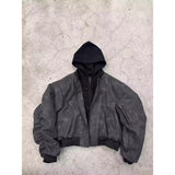 Mens Faux Two-piece Leather Jacket Cotton-padded Flight Jacket