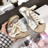 Sequin Lace-Up Flat Sandals with Straw Fisherman Sole