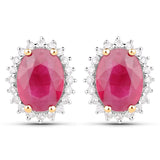 3.14 Carat Genuine Ruby and White Diamond 14K Yellow Gold Earrings
