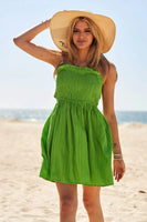Davi & Dani Smocking Halter Neck Tie Open Back Mini Dress