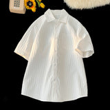 Textured Striped White Ice Silk Short Sleeve
