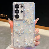 Glitter Powder Pearl Butterfly Style Phone Case With Rhinestones
