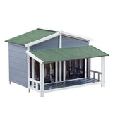 Dog House, Waterproof Dog Cage Kennel, Wooden Outdoor and Indoor Dog House, Raised Pet Kennel for Medium Dogs, Log Cabin Style with Porch,Elevated Floor,Asphalt Roof, 2 Doors