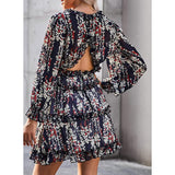 Dokotoo Womens Spring Summer Deep V Neck Ruffle Long Sleeve Floral Print Mini Dress