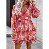 Dokotoo Womens Spring Summer Deep V Neck Ruffle Long Sleeve Floral Print Mini Dress