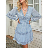 Dokotoo Womens Spring Summer Deep V Neck Ruffle Long Sleeve Floral Print Mini Dress