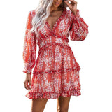 Dokotoo Womens Spring Summer Deep V Neck Ruffle Long Sleeve Floral Print Mini Dress
