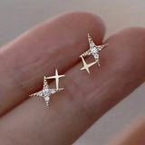 Double Star Design Stud Earrings Inlaid Zirconia