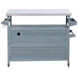 K&K Outdoor Kitchen Island, Rolling Bar Cart & Storage Cabinet, Farmhouse Solid Wood Outdoor Grill Table with Stainless Steel Top, Spice Rack , Towel Rack for Kitchen & BBQ , Grey Blue