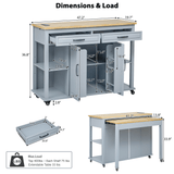 47 inch Kitchen Island with Extendable Dining Table, Rubber Wood Veneer Kitchen Table with Internal Storage Rack, Power Outlet, Kitchen island with Storage 2 Drawers 2 Cabinet