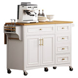 52" Kitchen Island with Drop Leaf, Embossed Texture Kitchen Island on Wheels with Spice Rack, Towel Rack, 2 Doors and 5 Drawers, Kitchen Storage Cart with Adjustable Shelf for Kitchen