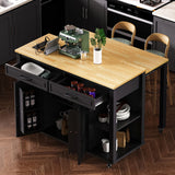 47 inch Kitchen Island with Extendable Dining Table, Rubber Wood Veneer Kitchen Table with Internal Storage Rack, Power Outlet, Kitchen island with Storage 2 Drawers 2 Cabinet
