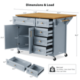 52" Kitchen Island with Drop Leaf, Embossed Texture Kitchen Island on Wheels with Spice Rack, Towel Rack, 2 Doors and 5 Drawers, Kitchen Storage Cart with Adjustable Shelf for Kitchen