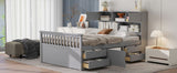 Full Size Captain Platform Bed Frame with Storage Bookcases and Shelves,Four Drawers,Gray