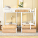 Full Over Twin & Twin Bunk Bed, Metal Triple Bunk Bed with Drawers and Guardrails