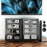 35.8" High Media Storage Cabinet with Wheels, AV Stereo TV Stand with 4 Adjustable Glass Shelves & Door, Heavy-Duty Steel Frame for Living Room, Easy Assembly