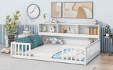 Full Floor Bed with Side Bookcase,Shelves,Guardrails,White