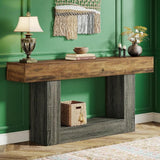 Modern Rustic 63-Inch Console Table Featuring Unique U-Shape Support & Functional 2-Tier Wood Shelf for Home Decoration