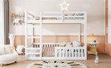 Full over Full Wood Bunk Bed with Ladder and Guardrails, White (Expected Arrival Time: 7.3)