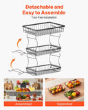 VEVOR 3 Tier Fruit Basket, Countertop Fruits Vegetable Bowl with Banana Hangers and Side Storage Basket, Metal Wire Storage Stand for Kitchen Counter, Holder Organizer for Bread Snack Veggies, Black