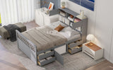 Full Size Captain Platform Bed Frame with Storage Bookcases and Shelves,Four Drawers,Gray
