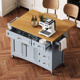 52" Kitchen Island with Drop Leaf, Embossed Texture Kitchen Island on Wheels with Spice Rack, Towel Rack, 2 Doors and 5 Drawers, Kitchen Storage Cart with Adjustable Shelf for Kitchen