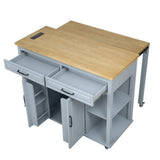 47 inch Kitchen Island with Extendable Dining Table, Rubber Wood Veneer Kitchen Table with Internal Storage Rack, Power Outlet, Kitchen island with Storage 2 Drawers 2 Cabinet