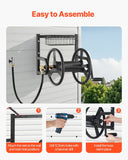 VEVOR Wall Mounted Garden Hose Reel, Holds 125 ft 5/8-inch Hose, Heavy-Duty Water Hose Winder, Space-Saving Design, Outdoor Manual Reel with Brass Fitting and Storage Basket for Yard Lawn