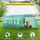 VEVOR Walk-in Tunnel Greenhouse, 20 x 10 x 7 ft Portable Plant Hot House with Galvanized Steel Hoops, 3 Top Beams, Diagonal Poles, 2 Zippered Doors & 12 Roll-up Windows, Green