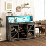 Versatile 55" Coffee Bar Cabinet with Ambient Lighting - Rustic Wine Rack and Glass Holder Perfect for Dining Room and Kitchen Spaces