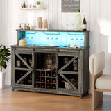 Versatile 55" Coffee Bar Cabinet with Ambient Lighting - Rustic Wine Rack and Glass Holder Perfect for Dining Room and Kitchen Spaces