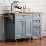 52" Kitchen Island with Drop Leaf, Embossed Texture Kitchen Island on Wheels with Spice Rack, Towel Rack, 2 Doors and 5 Drawers, Kitchen Storage Cart with Adjustable Shelf for Kitchen
