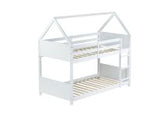 Twin Over Twin House Floor Bunk Bed with Headboards, Footboards and Guardrails, Ladder, Rubber Wood Bunk Bed with Safety Guardrails,White