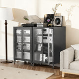 35.8" High Media Storage Cabinet with Wheels, AV Stereo TV Stand with 4 Adjustable Glass Shelves & Door, Heavy-Duty Steel Frame for Living Room, Easy Assembly