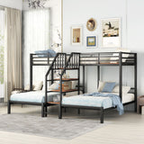 Metal Twin over Twin & Twin Bunk Bed, Triple Bunk Bed with Storage Shelves Staircase, Black