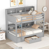 Twin Size Bunk Bed with Built-in Shelves Beside both Upper and Down Bed and Storage Drawe