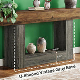 Modern Rustic 63-Inch Console Table Featuring Unique U-Shape Support & Functional 2-Tier Wood Shelf for Home Decoration