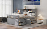 Full Size Captain Platform Bed Frame with Storage Bookcases and Shelves,Four Drawers,Gray