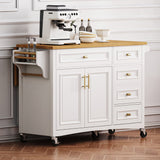 52" Kitchen Island with Drop Leaf, Embossed Texture Kitchen Island on Wheels with Spice Rack, Towel Rack, 2 Doors and 5 Drawers, Kitchen Storage Cart with Adjustable Shelf for Kitchen