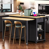 47 inch Kitchen Island with Extendable Dining Table, Rubber Wood Veneer Kitchen Table with Internal Storage Rack, Power Outlet, Kitchen island with Storage 2 Drawers 2 Cabinet